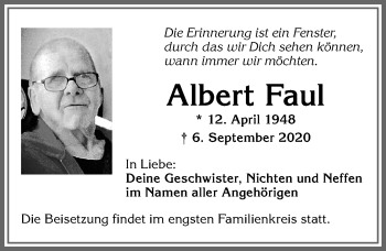 Traueranzeige von Albert Faul von Allgäuer Zeitung,Kempten
