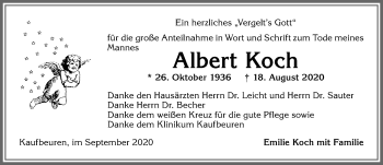 Traueranzeige von Albert Koch von Allgäuer Zeitung, Kaufbeuren/Buchloe