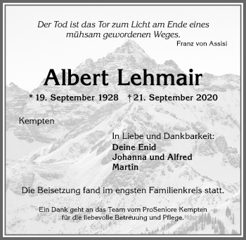 Traueranzeige von Albert Lehmair von Allgäuer Zeitung,Kempten