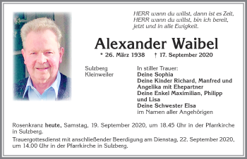 Traueranzeige von Alexander Waibel von Allgäuer Zeitung,Kempten