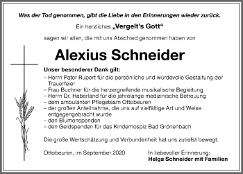 Traueranzeige von Alexius Schneider von Memminger Zeitung