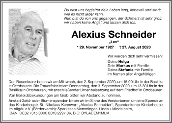 Traueranzeige von Alexius Schneider von Memminger Zeitung