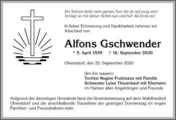 Traueranzeige von Alfons Gschwender von Allgäuer Anzeigeblatt