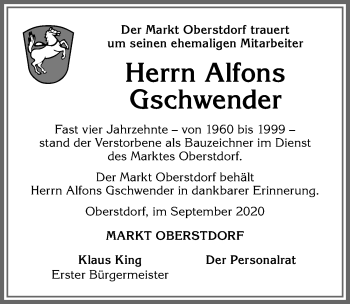 Traueranzeige von Alfons Gschwender von Allgäuer Anzeigeblatt