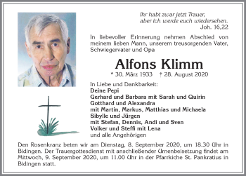 Traueranzeige von Alfons Klimm von Allgäuer Zeitung, Marktoberdorf