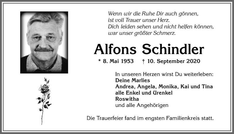  Traueranzeige für Alfons Schindler vom 25.09.2020 aus Allgäuer Zeitung, Kaufbeuren/Buchloe
