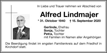 Traueranzeige von Alfred Lindmajer von Memminger Zeitung