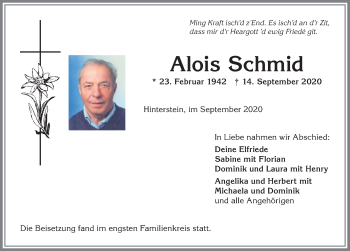 Traueranzeige von Alois Schmid von Allgäuer Anzeigeblatt