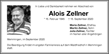 Traueranzeige von Alois Zellner von Memminger Zeitung