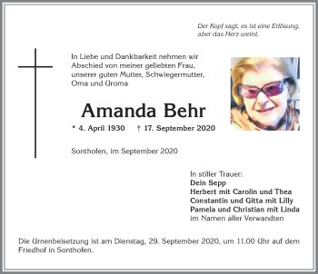 Traueranzeige von Amanda Behr von Allgäuer Anzeigeblatt