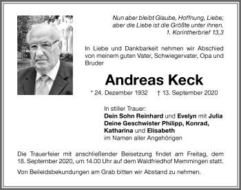 Traueranzeige von Andreas Keck von Memminger Zeitung