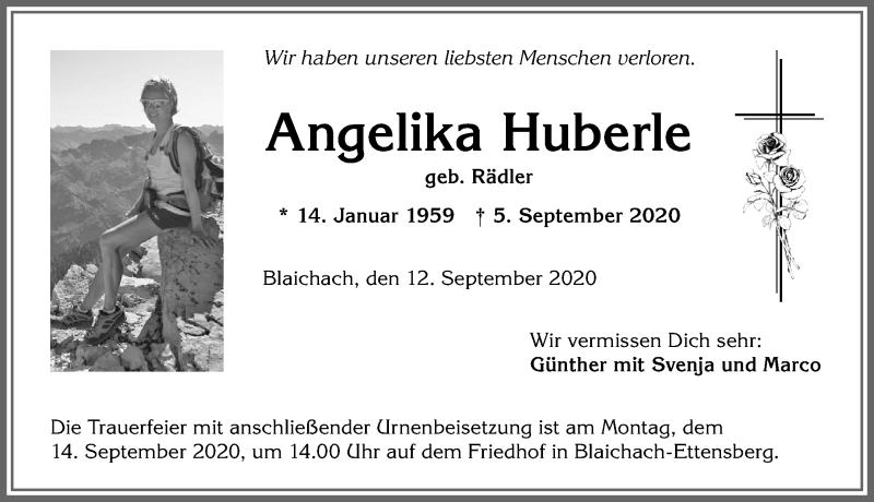  Traueranzeige für Angelika Huberle vom 12.09.2020 aus Allgäuer Anzeigeblatt