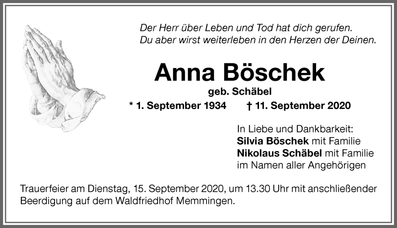  Traueranzeige für Anna Böschek vom 12.09.2020 aus Memminger Zeitung