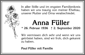 Traueranzeige von Anna Füller von Allgäuer Zeitung,Kempten