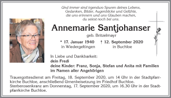 Traueranzeige von Annemarie Santjohanser von Allgäuer Zeitung, Kaufbeuren/Buchloe