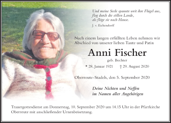Traueranzeige von Anni Fischer von Der Westallgäuer