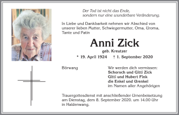 Traueranzeige von Anni Zick von Allgäuer Zeitung,Kempten