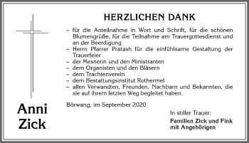 Traueranzeige von Anni Zick von Allgäuer Zeitung,Kempten