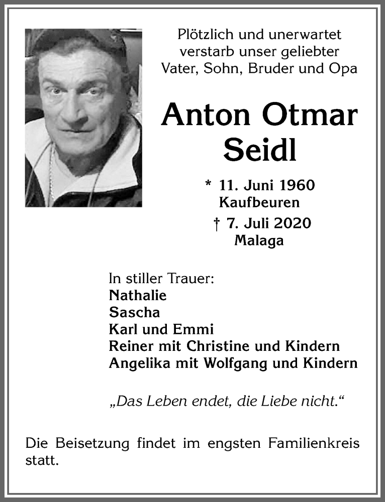  Traueranzeige für Anton Otmar Seidl vom 23.09.2020 aus Allgäuer Zeitung, Kaufbeuren/Buchloe