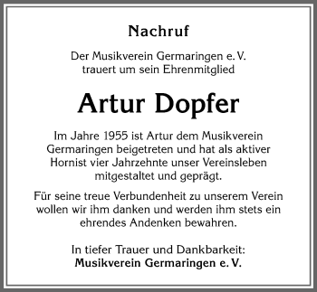 Traueranzeige von Artur Dopfer von Allgäuer Zeitung, Kaufbeuren/Buchloe