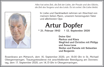 Traueranzeige von Artur Dopfer von Allgäuer Zeitung, Kaufbeuren/Buchloe