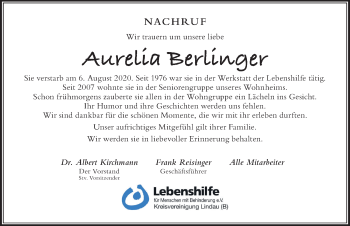 Traueranzeige von Aurelia Berlinger von Der Westallgäuer