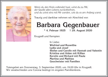 Traueranzeige von Barbara Gegenbauer von Allgäuer Zeitung,Kempten