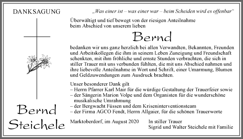  Traueranzeige für Bernd Steichele vom 05.09.2020 aus Allgäuer Zeitung, Marktoberdorf