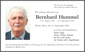 Traueranzeige von Bernhard Hummel von Der Westallgäuer