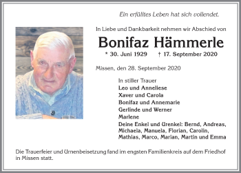 Traueranzeige von Bonifaz Hämmerle von Allgäuer Zeitung