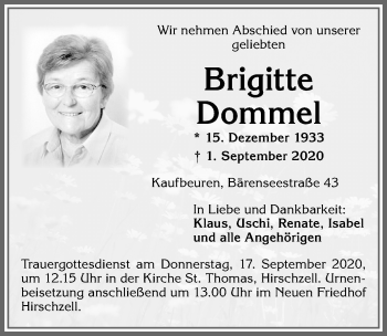 Traueranzeige von Brigitte Dommel von Allgäuer Zeitung, Kaufbeuren/Buchloe
