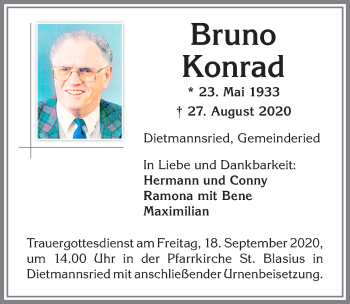 Traueranzeige von Bruno Konrad von Allgäuer Zeitung,Kempten
