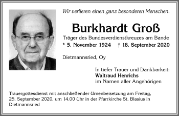 Traueranzeige von Burkhardt Groß von Allgäuer Zeitung,Kempten
