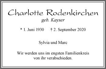 Traueranzeige von Charlotte Rodenkirchen von Allgäuer Zeitung, Füssen