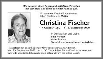 Traueranzeige von Christina Fischer von Allgäuer Zeitung,Kempten