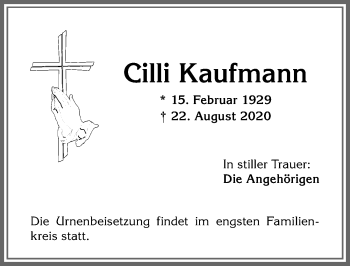 Traueranzeige von Cilli Kaufmann von Allgäuer Anzeigeblatt