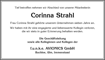 Traueranzeige von Corinna Strahl von Allgäuer Zeitung, Kaufbeuren/Buchloe