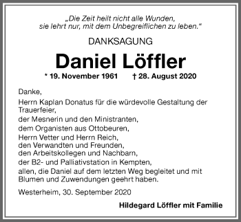Traueranzeige von Daniel Löffler von Memminger Zeitung