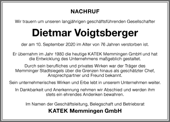 Traueranzeige von Dietmar Voigtsberger von Memminger Zeitung