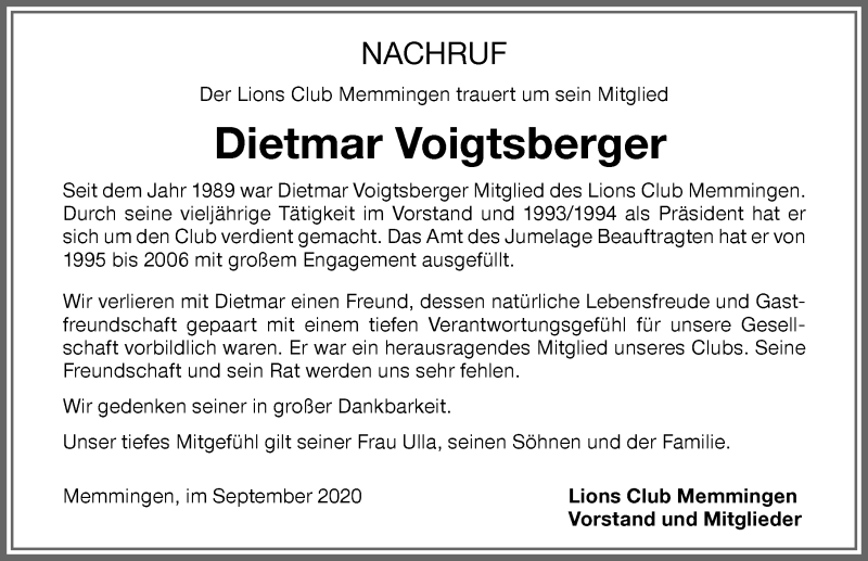  Traueranzeige für Dietmar Voigtsberger vom 18.09.2020 aus Memminger Zeitung