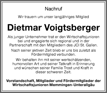 Traueranzeige von Dietmar Voigtsberger von Memminger Zeitung