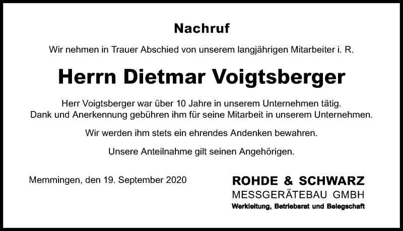  Traueranzeige für Dietmar Voigtsberger vom 19.09.2020 aus Memminger Zeitung