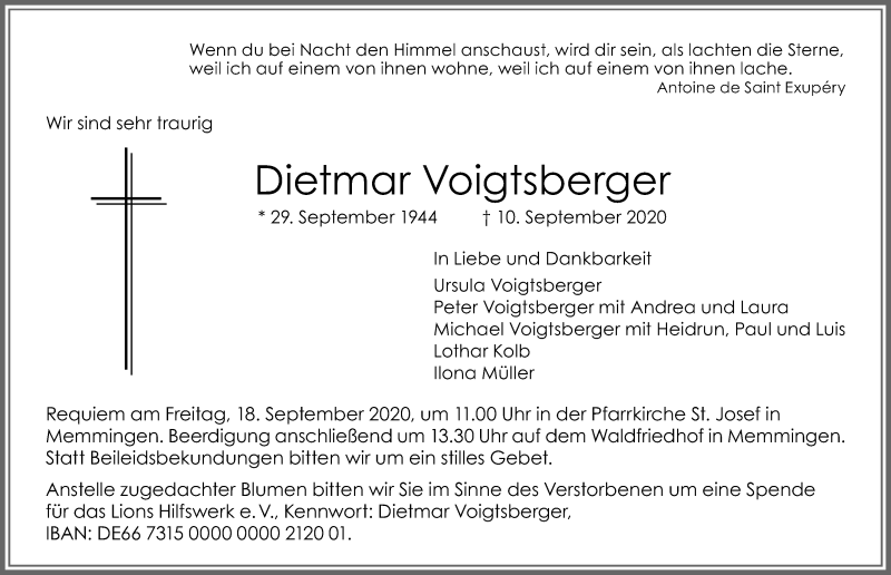  Traueranzeige für Dietmar Voigtsberger vom 16.09.2020 aus Memminger Zeitung