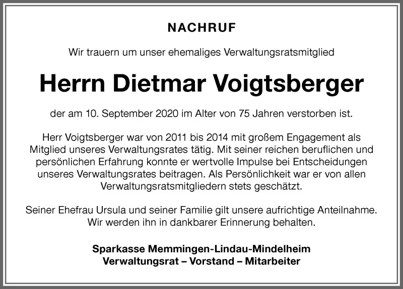  Traueranzeige für Dietmar Voigtsberger vom 17.09.2020 aus Memminger Zeitung