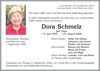 Traueranzeige von Dora Schmelz von Allgäuer Zeitung
