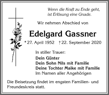 Traueranzeige von Edelgard Gassner von Allgäuer Zeitung,Kempten