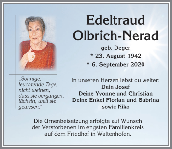 Traueranzeige von Edeltraud Olbrich-Nerad von Allgäuer Zeitung,Kempten