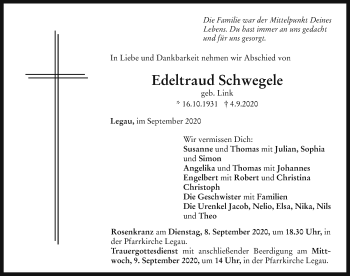Traueranzeige von Edeltraud Schwegele von Memminger Zeitung
