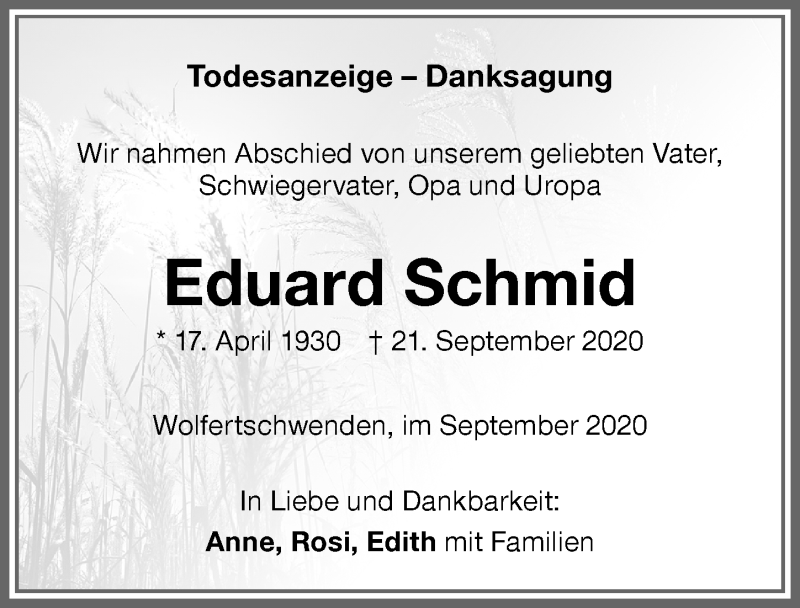  Traueranzeige für Eduard Schmid vom 26.09.2020 aus Memminger Zeitung