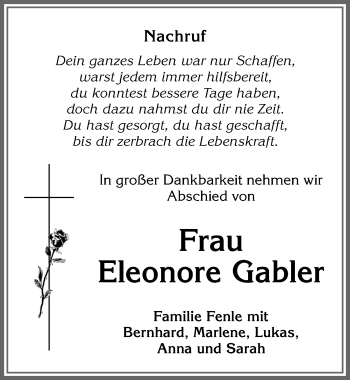 Traueranzeige von Eleonore Gabler von Allgäuer Zeitung, Marktoberdorf